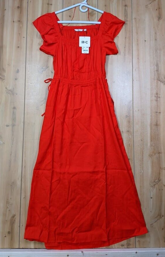 UNIQLO :C Red Gathered Open Back Flutter Sleeve Linen Blend Midi Dress  -Medium | eBay