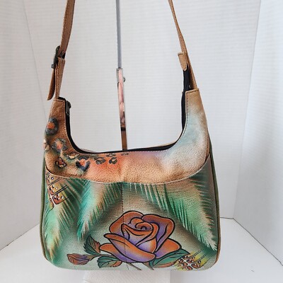 Anuschka Leather Shoulder Bag Handpainted Hobo Rose and Jungle Distressed