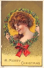 Postcard: A Merry Christmas, Pretty Girl, Holly, 1908 Julius Bien