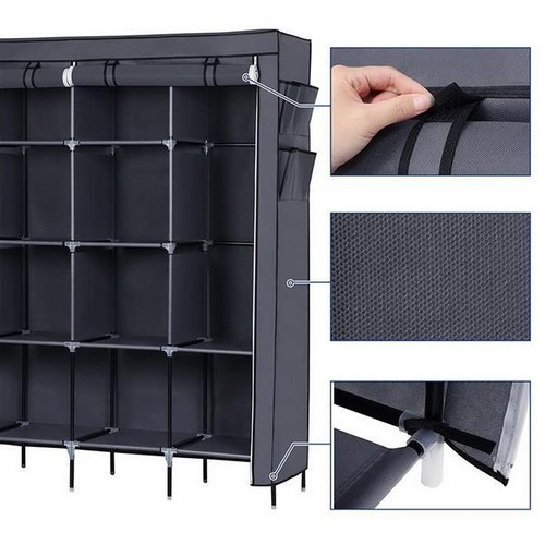 Stoffschrank Kleiderschrank mit Kleiderstange 12 Fächern 4 Seitentaschen Grau - Bild 11 von 22