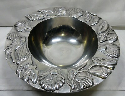 Cast Aluminum Silver Metal Round Bowl Sea Shells Embossed Rim Serving Bowl