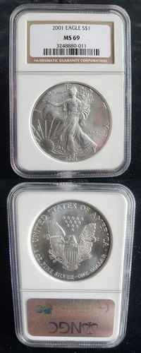 2001 American Silver Eagle 1 Oz Graded NGC MS69 Brown Label 24350