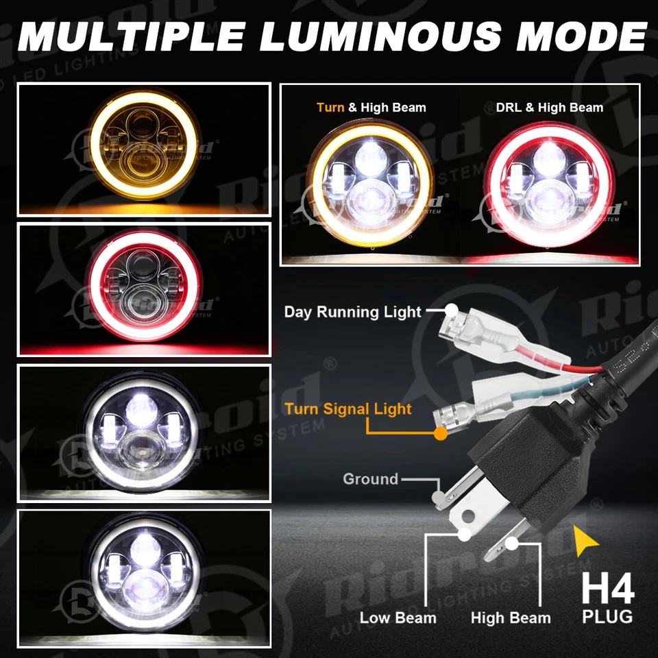 Faro LED de 7 pulgadas con halo rojo ojo de ángel DRL para Harley-Davidson Street Glide Foto 3 de 4