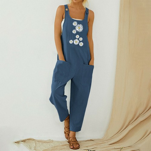 Womens Fashion Flower Dungarees Jumpsuit Playsuit Overalls Trousers Pants Romper - Picture 10 of 25