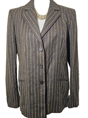 Genny Womens  Brown Pinstriped Italian Wool Blazer Lined Suit Jacket Size 14