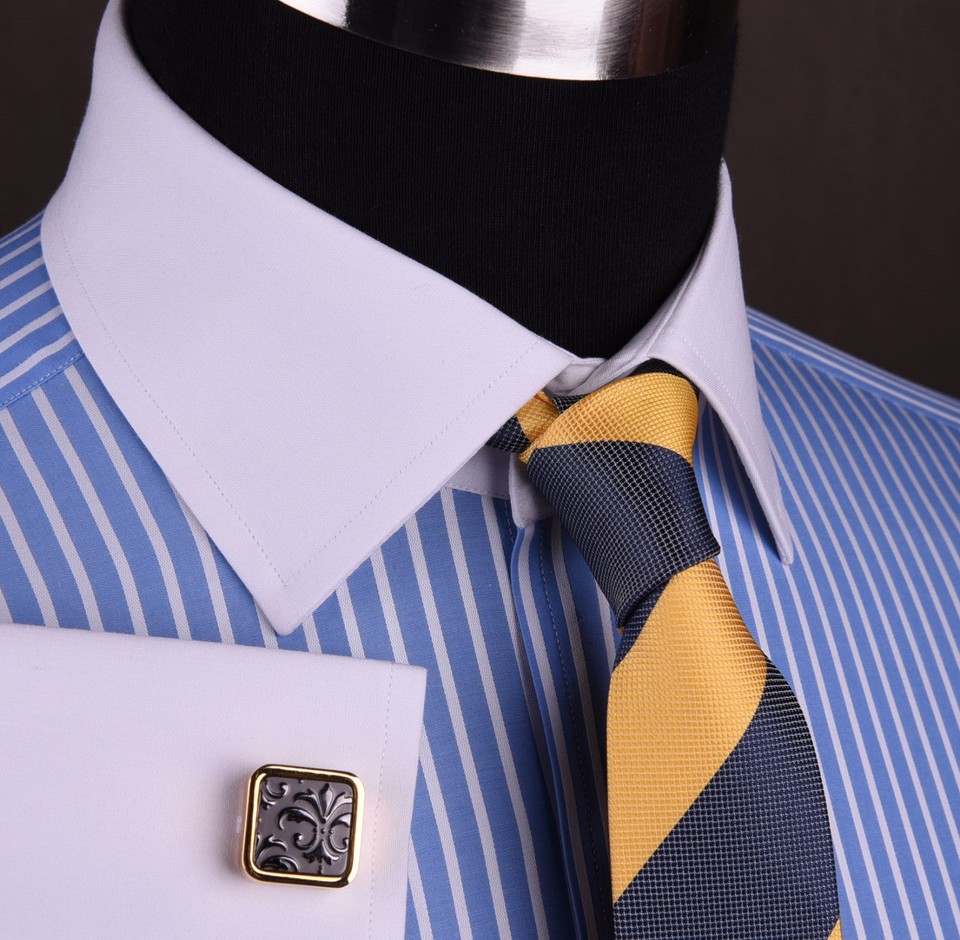 Labiyeur Men's Slim Fit French Cuff Dress Shirt - 16.5 Neck 32-33 Sleeve, Striped Blue/White, Spread Collar