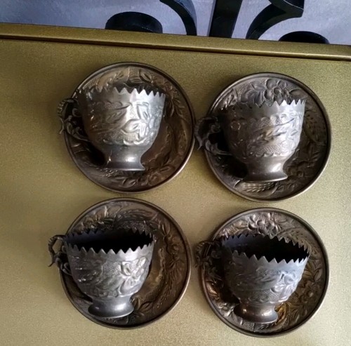Vintage Turkish Brass Cups & Saucers Set of 4 - Picture 3 of 8