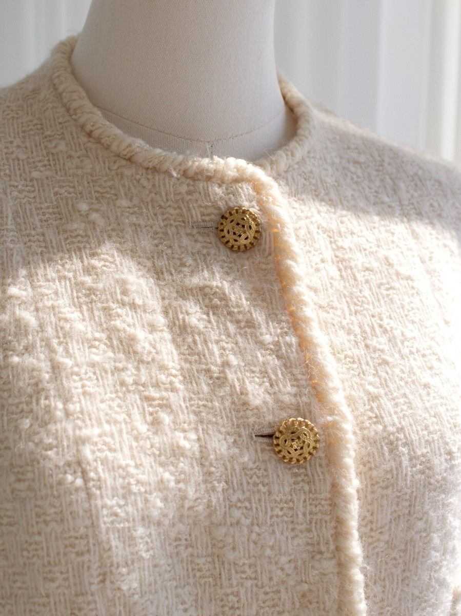 Chanel Haute Couture 1983 Karl Ecru White Gold Belted Tweed