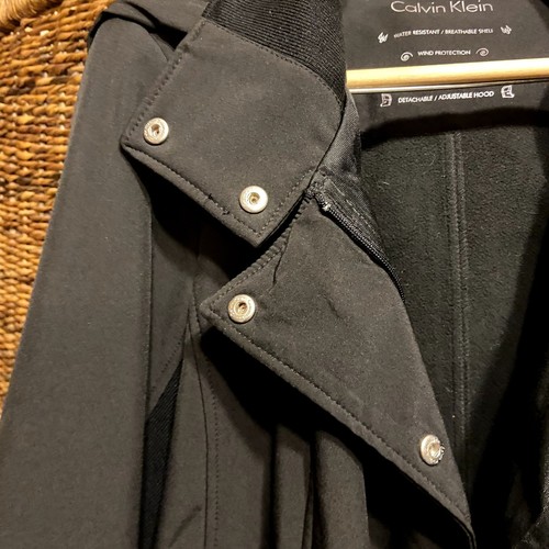 #7793 Calvin Klein Womens Hooded Black stretch Coat Size L - Picture 15 of 19