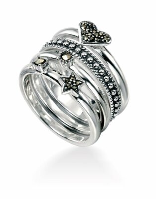 Elements silver and marcasite heart, star & dot 4-stackable ring, size L