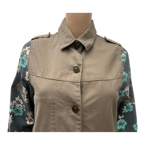 IKKS Over Shirt Button Up Jacket 100% Cotton Tan Floral Size 10 - Picture 3 of 13