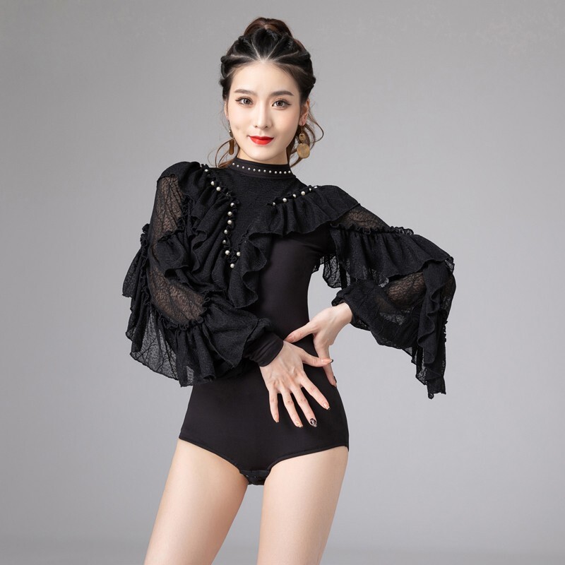 NUEVO Top de mujer para salsa latina cha tango baile de salón #J083 negro