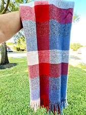 Faribo Plaid Tartan Red Blue White Pure Wool Fringe Lap Throw Blanket 49x57"