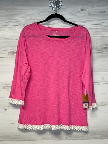 Caribbean Joe Oberteil XL Damen rosa 3/4 Arm Spitzenbesatz Pullover leicht