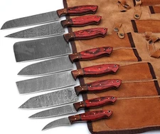 8pcs Pro Best Damascus Steel Chef/Kitchen Knife set With Leather Roll Case Bag