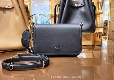 Tory Burch Thea Black Pebbled Leather Flap Crossbody Shoulder Bag