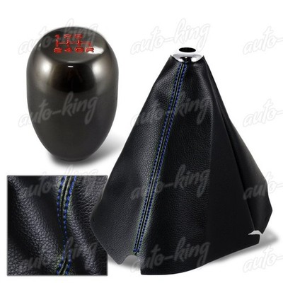 BLUE STITCH PVC LEATHER MANUAL MT SHIFT BOOT + TR GUNMETAL 6-SPEED SHIFTER KNOB