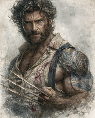 Wolverine with Adamantium Claws in Blood-Streaked White Shirt Print - 422533048