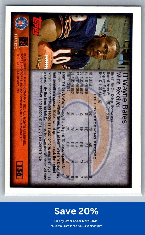 D'Wayne Bates Rookie 1999 Topps Season Opener #156 Chicago Bears - Image 2 of 2