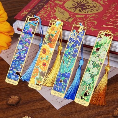 4pcs Metal Bookmarks with Tassel, Van Gogh Monet Oil Painting Theme