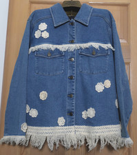Vintage Carole Little Size 14 Blue Stretch Denim Jacket Crochet Flowers Fringe