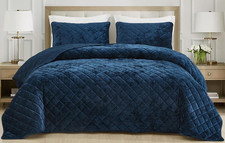 Lux Navy Blue Velvet Quilt Oversized King Set, 3-Piece Plush Distressed Velvet B