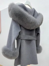 Luxury Womens 100% Cashmere Wool Warm Jackets Woolen Fox Fur Hooded Cuffs Coat 