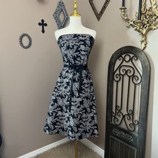 Vintage 90s does 50s Black Floral Toile A Line Strapless Dress Sz Med Gothic