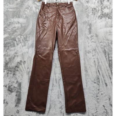 White Fox Pants Womens S Brown Faux Leather You've Got It High Rise Straight Leg