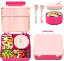 Kids Bento Lunch Box with 8oz Insulated Soup Thermos 4 Compartment Pink