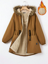 Women's Sherpa Lined Parka Jacket Faux Fur Hood Drawstring Waist Winter Coat