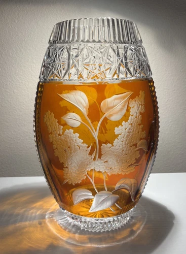 Vintage Cut-to-Clear Amber Crystal Vase 12" Floral Etched Crystal Bohemia Style