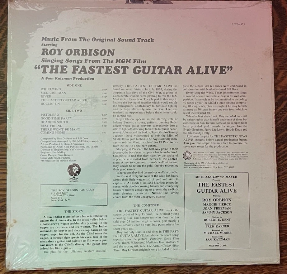 SEALED**12" LP~ ROY ORBISON~ 1967~ SINGS THE FASTEST GUITAR ALIVE~ SOUNDTRACK - Image 2 of 4