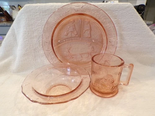 Vintage 3 pc. Tiara Pink Depression Glass Child's Nursery Rhyme Dish Set