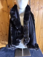Black Faux Fur Trim Shawl Wrap for Women Solid Winter Cape