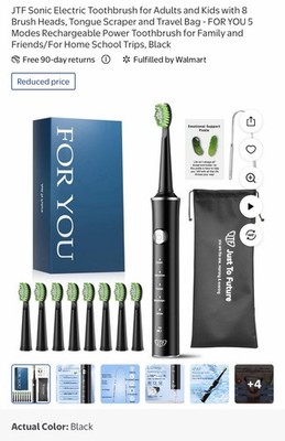 JTF Sonic Electric Toothbrush, 8 Brush Heads, Travel Case, 5 Modes, Black
