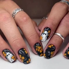 Halloween Flowers Ghost Press on Nails Short Square Fake Halloween Nails-7