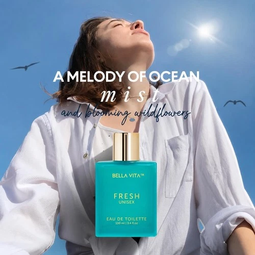 White rectangular Bella Vita Luxury FRESH Unsex Eau De Toilette bottle with blue cap, white label, and gold text.