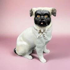 Antique Porcelain Pug Dog Figurine 7.5" Tall Hand Painted Victorian Era Gold Bow
