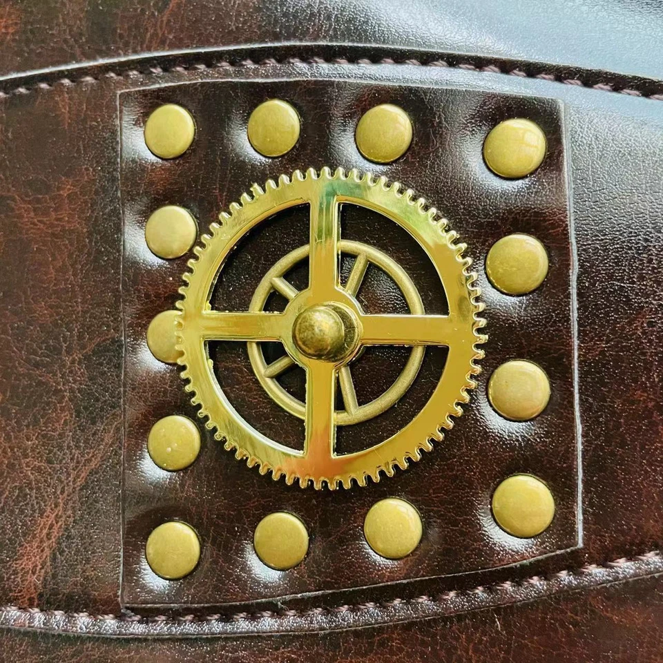 Y2K Halloween Steampunk Medieval Remaches Engranajes Brazalete Pesado Punk PU Brazalete Anillos Foto 4 de 4