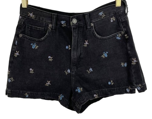 American Eagle Womens Size 4 Black Denim Shorts Blue Embroidered Flowers