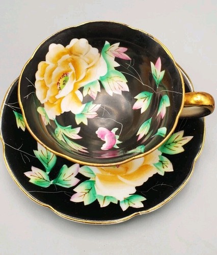 Handpainted Orion China Black With Yellow Pink Cabbage Rose Teacup Saucer Japan - Picture 4 of 12