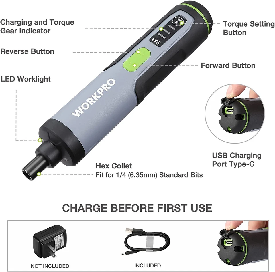 WORKPRO 4V Electric Screwdriver Cordless Screwdriver Set w/35 Bits Extension Rod - Image 2 of 4