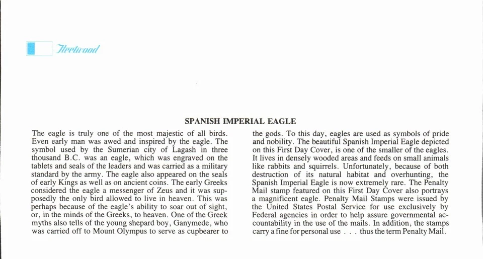 FLEETWOOD - ÁGUILA IMPERIAL ESPAÑOLA 15 DE MAYO 1985 WASHINGTON DC PRIMER DÍA CUBIERTA BX8 Foto 2 de 2