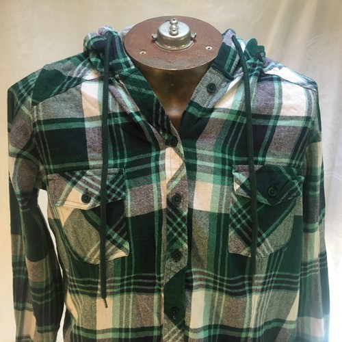 My Style Sz L Green Black Flannel Plaid Tartan Shirt Hoodie Cotton Girls Youth - Picture 11 of 20