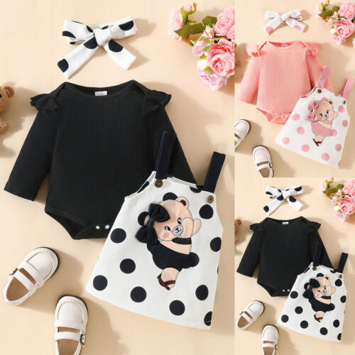 Newborn Baby Girl Printed Romper Tops Dress Overalls Headband Set Clothes Outfit