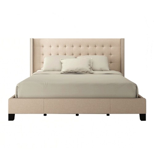 Wingback Platform Bed Frame King Size Button Tufted Headboard Solid Wood Beige