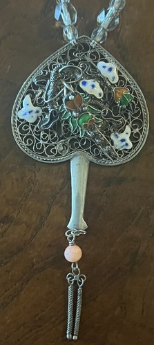 VTG Sterling Silver Chinese Coral Enamel Filigree Dragon Fan Pendant Necklace - Picture 20 of 21