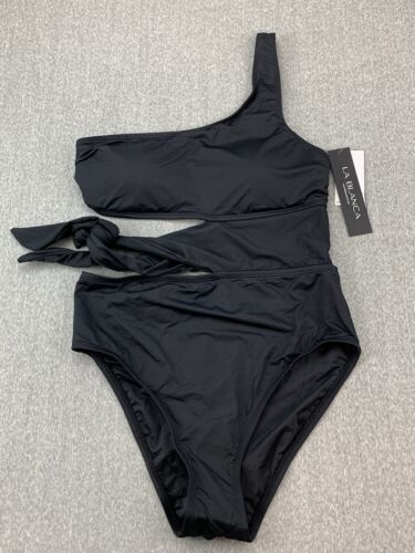La Blanca Island Goddess Cutout Shoulder One Piece Swimsuit Womens 8 Black Silky