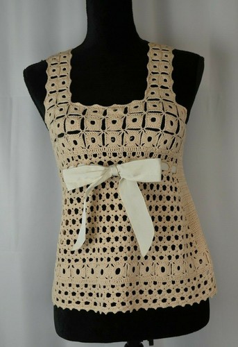 Robert Rodriguez Crocheted Strappy Top Sz XS Pullover Cotton Sheer Boho Bow Fun - Picture 2 of 8